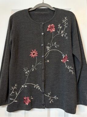 Women’s Charcoal Floral Embroidered Button Cardigan